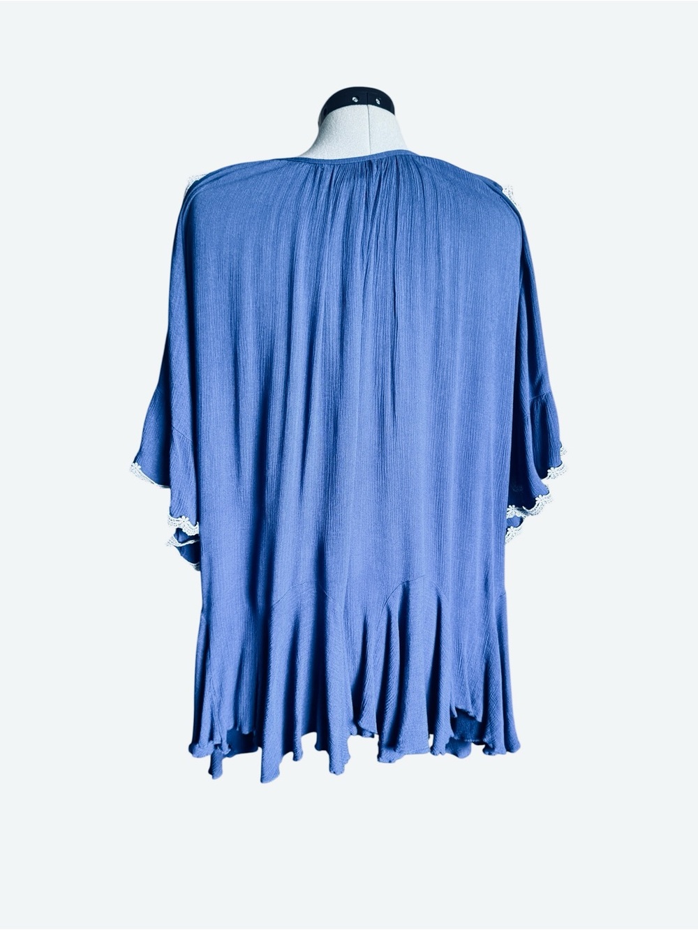 Paisley Vine Blue Cold-Shoulder Ruffle Trim Oversized Boho Tunic Top - Picture 4 of 9